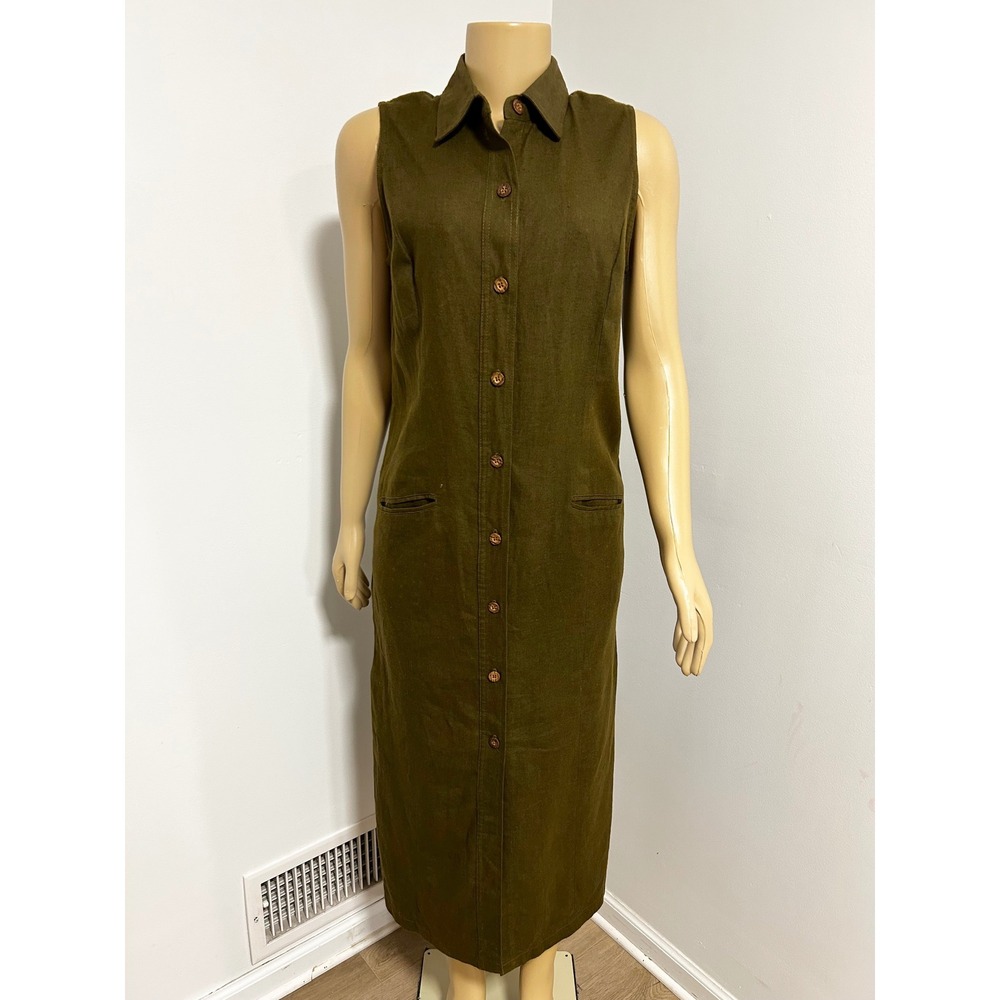 BICE Olive Green Linen Blend Button Front Sleeveless Midi Dress Pockets Size 10